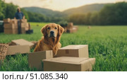 A golden retriever sits beside cardboard boxes in a green field. A person is visible in the background, with mountains and a sunset in the distance. Стоковое AI-видео, аниматор Nart / Фотобанк Лори