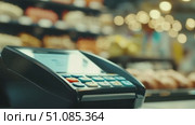 A close-up of a payment terminal in a retail store. The terminal displays a transaction screen with a hand holding a credit card above it. Blurred background of products. Стоковое AI-видео, аниматор Nart / Фотобанк Лори
