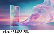 A futuristic smartphone with a translucent design stands against a colorful abstract background of swirling pastel hues. The scene conveys innovation and technology. Стоковое AI-видео, аниматор Nart / Фотобанк Лори