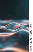 Abstract digital waves with glowing lines and particles. The scene features a blend of blue and orange colors, creating a dynamic and futuristic atmosphere. Стоковое AI-видео, аниматор Nart / Фотобанк Лори