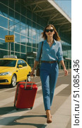 A young Caucasian woman with brown hair walks at an airport, pulling a red suitcase. She wears sunglasses and a blue shirt, with a taxi in the background. Стоковое AI-видео, аниматор Nart / Фотобанк Лори