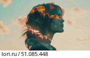 A young Caucasian woman with brown hair is silhouetted against a colorful sky filled with clouds and stars. The image conveys a sense of dreams and imagination. Стоковое AI-видео, аниматор Nart / Фотобанк Лори