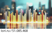 Abstract digital sound wave representation with colorful bars against a blurred city background. The scene conveys technology and modernity. Стоковое AI-видео, аниматор Nart / Фотобанк Лори
