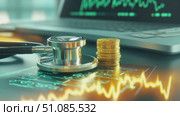 A stethoscope rests on a digital screen displaying health data. Nearby, stacks of gold coins symbolize financial growth. The scene represents health and finance integration. Стоковое AI-видео, аниматор Nart / Фотобанк Лори