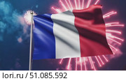 French flag waving against a night sky with colorful fireworks. The flag features blue, white, and red vertical stripes, symbolizing national pride. Стоковое AI-видео, аниматор Nart / Фотобанк Лори