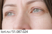 Human Woman Eyes extreme close up. Macro Shot of Feale Gray Eye. Vision. Healthy Eyesight Concept. Front view. Mature Adult Looking at Camera Blinking Eyelashes. Eye Opening Wide. Soft Selective Focus. Стоковое видео, видеограф Марина Демидюк / Фотобанк Лори