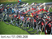 Belorechensk, Russia. - April 16, 2022: Bicycles in cycling or triathlon competitions. Various brands of bicycles. Редакционное фото, фотограф Наталия Кирсанова / Фотобанк Лори