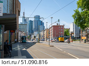 Frankfurt am Main Downtown and Tram on Street. Hesse, Germany. Редакционное фото, фотограф Максим Забаровский / Фотобанк Лори