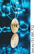 Exploring the Digital Frontier: A Close-Up on Bitcoin Amidst a Vibrant Technological Background Representing Cryptocurrency and Blockchain Innovation. Стоковое AI-видео, аниматор Владимир Федоров / Фотобанк Лори