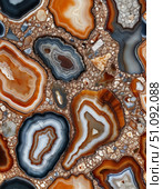 Natural beauty shines through the unique formations and warm hues of agate mineral stones, showcasing a kaleidoscope of patterns that capture attention and inspire creativity Generative AI. Стоковое AI-изображение, AI-художник Юлия Петровская / Фотобанк Лори