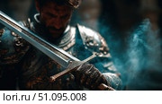 Epic fantasy character preparing for battle in a mystical realm with a gleaming sword. Стоковое AI-изображение, AI-художник Ксения Лаптева / Фотобанк Лори