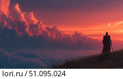 Epic fantasy character gazes over a breathtaking sunset landscape in a mysterious world. Стоковое AI-изображение, AI-художник Ксения Лаптева / Фотобанк Лори