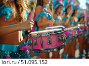 Colorful Drummers Perform Energetically During a Lively Summer Festival Parade. Стоковое AI-изображение, AI-художник Юлия Гапеенко / Фотобанк Лори
