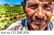 Close-Up Portrait of a Weathered Farmer in a Field. Generative AI. Стоковое AI-изображение, AI-художник Roman Zavorotny / Фотобанк Лори