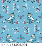 Vector Christmas Seamless Pattern with Winter Birds, Pine Branches, Leaves and Holly Berries. Blue Background for Winter Holidays, Christmas and New Year Design. Стоковая иллюстрация, иллюстратор AllNikArt / Фотобанк Лори