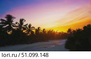 Enjoy a breathtaking sunset illuminating the tropical beach with palm tree silhouettes in the Maldives. Стоковое AI-видео, аниматор Данила Большаков / Фотобанк Лори