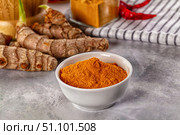 Indian tumeric cumin dry powder. Стоковое фото, фотограф Андрей Старостин / Фотобанк Лори