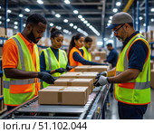 A group of workers in orange vests are working on a conveyor belt. Стоковое AI-изображение, AI-художник Ярославский Максим / Фотобанк Лори