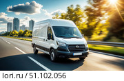 A white van is driving down a road with a city in the background. Стоковое AI-изображение, AI-художник Ярославский Максим / Фотобанк Лори