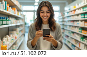 A woman is smiling and looking at her cell phone in a store. Стоковое AI-изображение, AI-художник Ярославский Максим / Фотобанк Лори