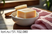 A white bowl with a bar of soap in it sits on a wooden table. Стоковое AI-изображение, AI-художник Ярославский Максим / Фотобанк Лори