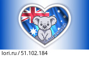 Vector sticker or icon. Inscription I love Australia. Cute cartoon cuddly koala and wavy national flag. Nice animal, australian endemic. Commonwealth of Australia. Стоковая иллюстрация, иллюстратор GAlexS / Фотобанк Лори