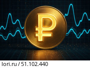 Золотой рубль. Цифровой рубль. Золотая монета с символом рубля на фоне биржевого графика. Стоковое AI-изображение, AI-художник Башкирова Анна / Фотобанк Лори