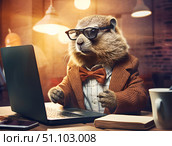Anthropomorphic Marmot in Business Attire Working at Office Desk at laptop Groundhog Day. Стоковое AI-изображение, AI-художник Елена Гоосен / Фотобанк Лори
