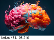Side view of Figure of human brain in space in bright multi-colored colors Explosion of positive emotions Abstract background. Стоковое AI-изображение, AI-художник Елена Гоосен / Фотобанк Лори