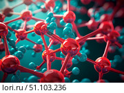 Abstract microbiological background with red and blue molecules in cells poster design. Стоковое AI-изображение, AI-художник Елена Гоосен / Фотобанк Лори