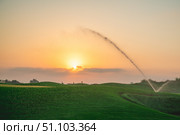 Automatic water sprinklers irrigating a lush golf course at sunset, creating a vibrant and picturesque scene, while enhancing the beauty of the green landscape and promoting healthy growth. Стоковое фото, фотограф Ольга Ильина / Фотобанк Лори