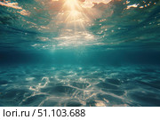 Sunlight filtering through ocean surface illuminating sandy seabed. Стоковое AI-изображение, AI-художник Иван Рябоконь / Фотобанк Лори