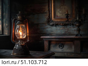 Old kerosene lantern illuminating dark room with antique furniture. Стоковое AI-изображение, AI-художник Иван Рябоконь / Фотобанк Лори