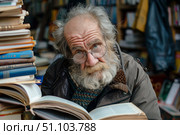 Senior bookseller reading in a secondhand bookstore. Стоковое AI-изображение, AI-художник Иван Рябоконь / Фотобанк Лори