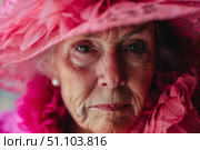 Elegant senior woman wearing extravagant pink hat and dress. Стоковое AI-изображение, AI-художник Иван Рябоконь / Фотобанк Лори