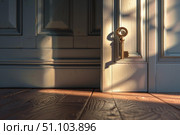 Golden key emerging from white door in sunlit room. Стоковое AI-изображение, AI-художник Иван Рябоконь / Фотобанк Лори