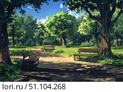 Benches inviting visitors to relax in lush green park. Стоковое AI-изображение, AI-художник Иван Рябоконь / Фотобанк Лори