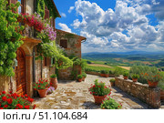 Picturesque tuscan farmhouse overlooking rolling hills in summer. Стоковое AI-изображение, AI-художник Иван Рябоконь / Фотобанк Лори