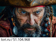 Portrait of a frowning pirate wearing tricorn hat and colorful beads. Стоковое AI-изображение, AI-художник Иван Рябоконь / Фотобанк Лори