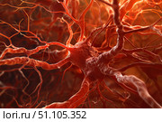 Neuron transmitting signals in nervous system, microscopic close up. Стоковое AI-изображение, AI-художник Иван Рябоконь / Фотобанк Лори