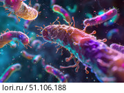 Microscopic view of bacteria multiplying in dark environment. Стоковое AI-изображение, AI-художник Иван Рябоконь / Фотобанк Лори