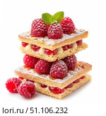 Delicious mille feuille pastry with fresh raspberries and custard is dusted with powdered sugar. Стоковое AI-изображение, AI-художник Иван Рябоконь / Фотобанк Лори