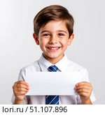 Happy boy smile on face on white background. Holding white sheet of paper. Стоковое AI-изображение, AI-художник Ирина Гильмуллина / Фотобанк Лори