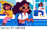 Vibrant illustration of three diverse young women embarking on contemporary journeys, featuring varied transportation and joyful travel experiences. Стоковое AI-изображение, AI-художник Данила Большаков / Фотобанк Лори