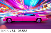 Bold Pink Limousine Creating Striking Contrast Against Dazzling Display of Streaking Neon City Lights in Motion. Стоковое AI-изображение, AI-художник Данила Большаков / Фотобанк Лори