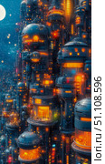Luminous futuristic cityscape at night, showcasing towering architectural marvels aglow with vibrant orange and blue lights under celestial moonlit sky, evoking utopian sci-fi urban landscape. Стоковое AI-изображение, AI-художник Данила Большаков / Фотобанк Лори