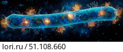 Vibrant microscopic illustration of elongated blue bacterium or cell adorned with glowing orange binding sites and intricate surface structures against dark biological backdrop. Стоковое AI-изображение, AI-художник Данила Большаков / Фотобанк Лори