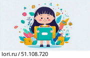 Cheerful cartoon girl with long dark hair holding teal notebook and yellow binder, surrounded by colorful abstract school supplies and whimsical leaves on bright background, symbolizing learning and c. Стоковое AI-изображение, AI-художник Данила Большаков / Фотобанк Лори