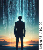 A man stands in front of a blue and white background with a spiral of numbers. Стоковое AI-изображение, AI-художник Ярославский Максим / Фотобанк Лори