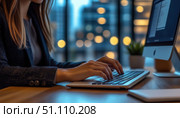 A woman is typing on a computer keyboard in front of a monitor. Стоковое AI-изображение, AI-художник Ярославский Максим / Фотобанк Лори